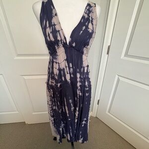 Boho Me Blue Tie-Dye Tea lenght pleated  Dress